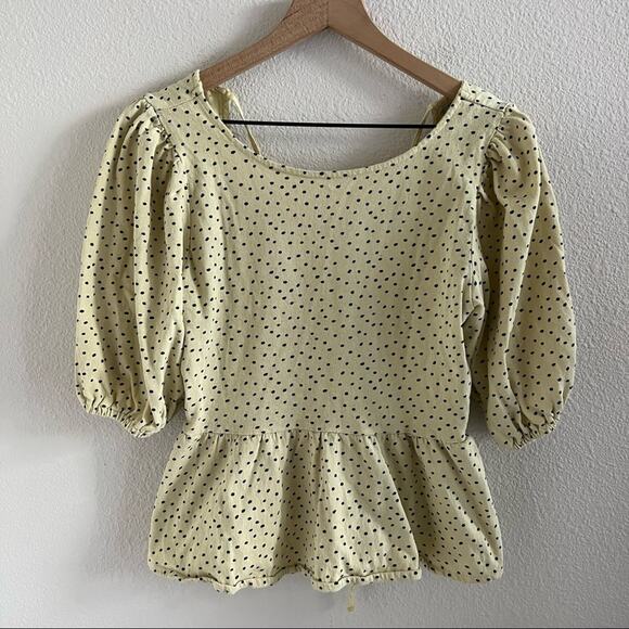 Urban Outfitters Pale Yellow Polka Dot Tie Open Back Peplum Top Large - Picture 3 of 10